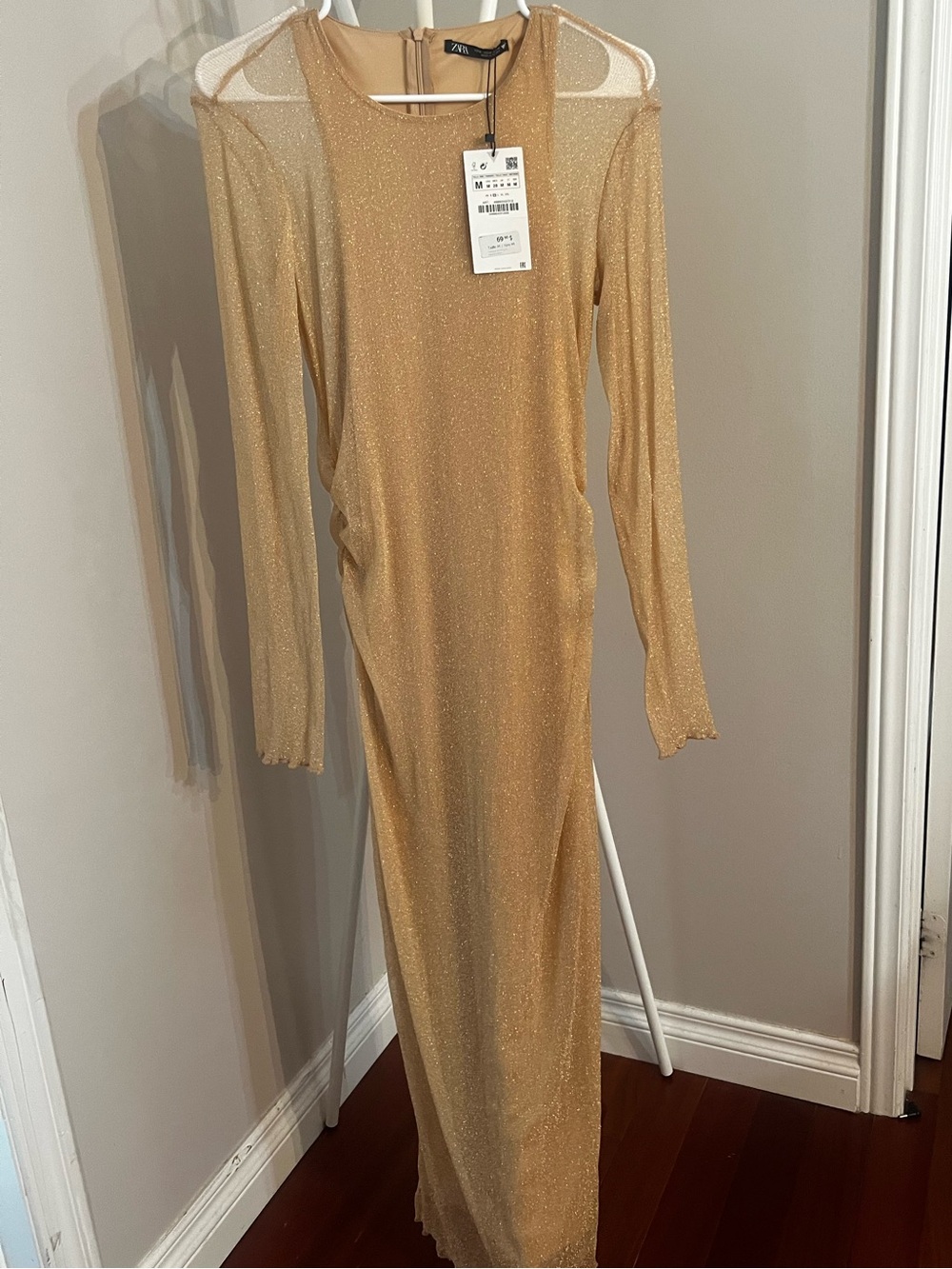 Zara Shimmering Gold Long-Sleeve Maxi Dress